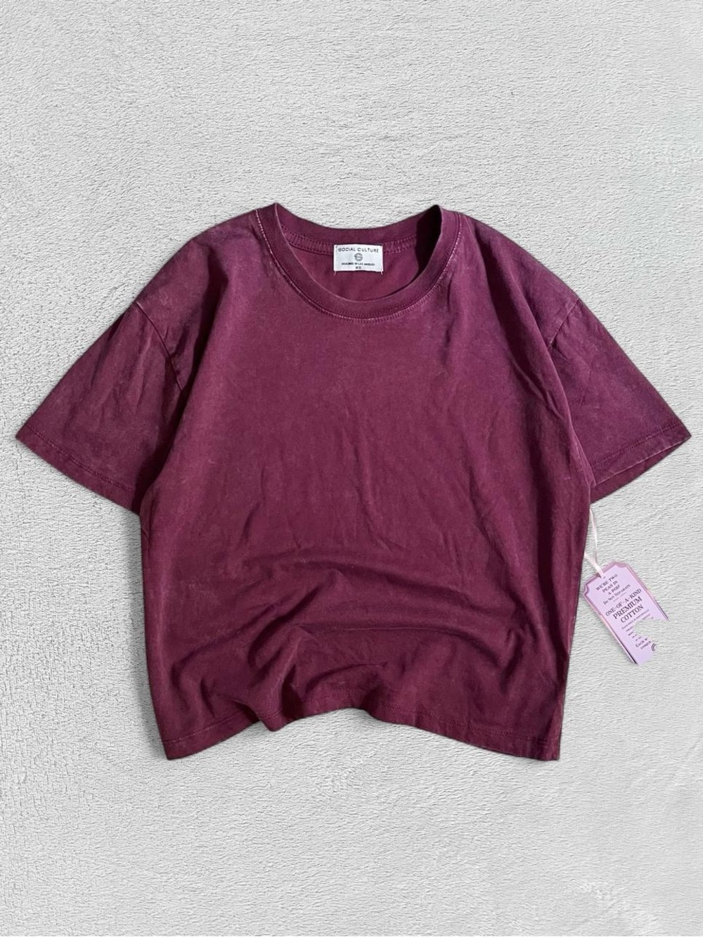 Social Culture Burgundy Maroon Red Cotton Crewneck Relaxed Oversized T-Shirt, XS